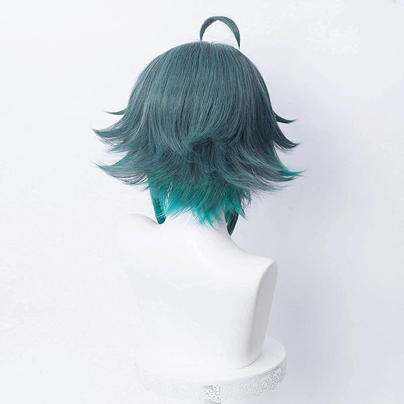 Photo 4 of ydound Short Bluish Green Blue Wig for Xiao Genshin Impact Game Anime Fluffy Cosplay Hair Wigs with Bangs + Cap Coser Wig
