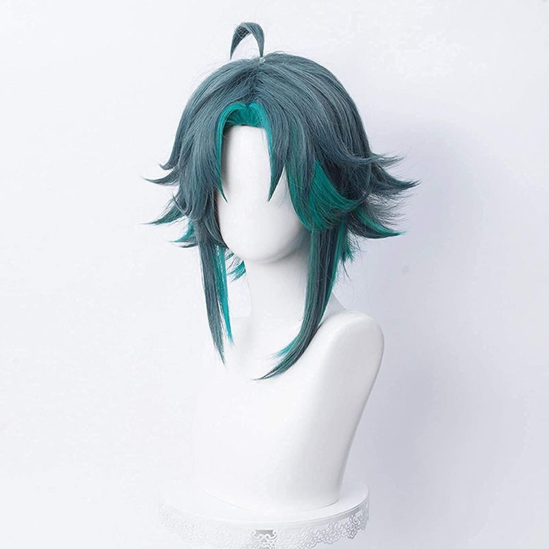 Photo 3 of ydound Short Bluish Green Blue Wig for Xiao Genshin Impact Game Anime Fluffy Cosplay Hair Wigs with Bangs + Cap Coser Wig
