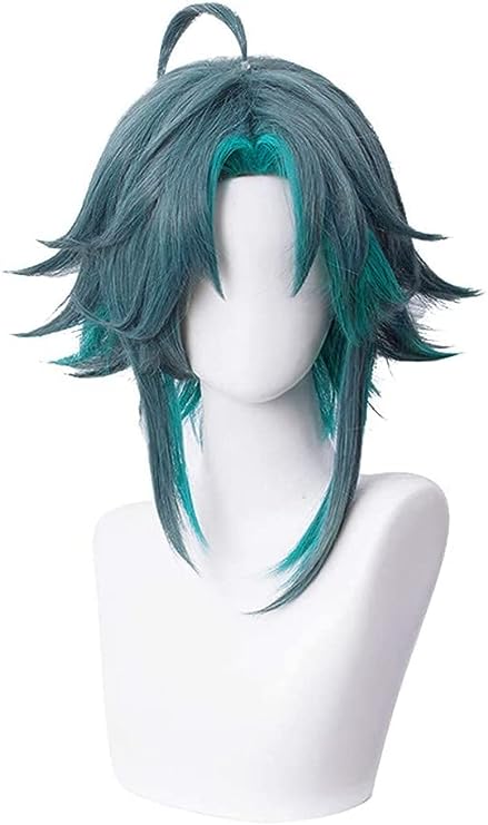 Photo 1 of ydound Short Bluish Green Blue Wig for Xiao Genshin Impact Game Anime Fluffy Cosplay Hair Wigs with Bangs + Cap Coser Wig
