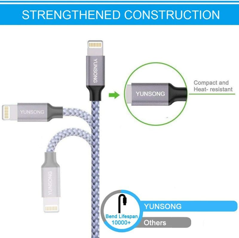 Photo 2 of iPhone Charger, YUNSONG Nylon Braided Lightning Cable 2Pack 6ft Data Sync Transfer Cord 2-USB Rapid Charging Plug Wall Charger Compatible with iPhone 13 12 11 Pro Max XS XR X
