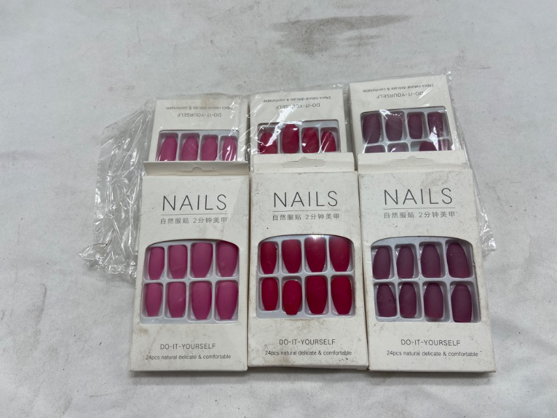 Photo 1 of Press on Nails Set Medium Length Coffin Fake Nail Solid Color False Nails Art with Glass Nail File Sturdy Stick on Nails Tips for Women and Girls 6Pack
