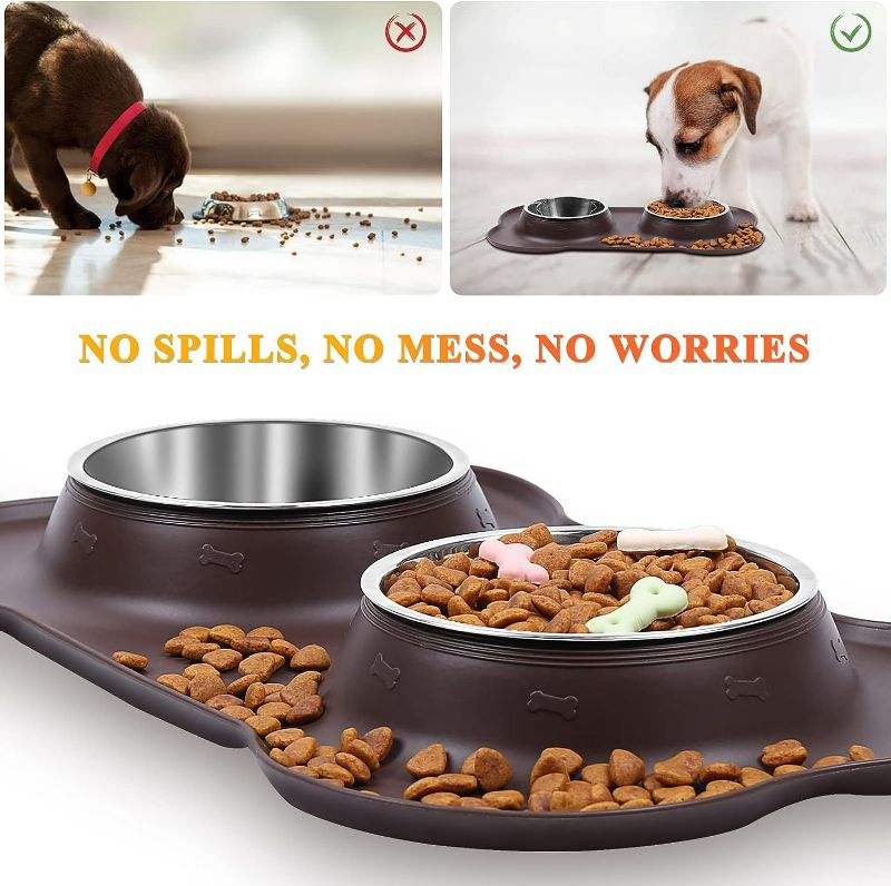 Photo 2 of VIVAGLORY Dog Bowls Stainless Steel Water and Food Puppy Cat Bowls with Non Spill Skid Resistant Silicone Mat, Medium, Coffee
