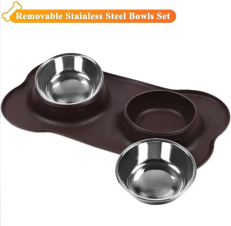 Photo 3 of VIVAGLORY Dog Bowls Stainless Steel Water and Food Puppy Cat Bowls with Non Spill Skid Resistant Silicone Mat, Medium, Coffee
