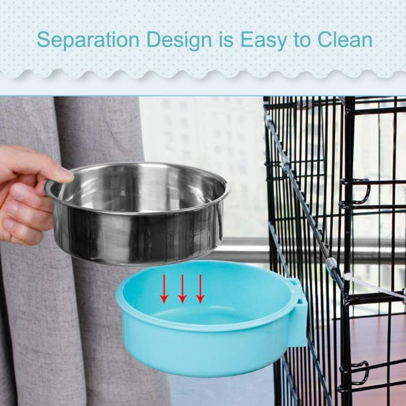 Photo 4 of Crate Dog Bowl, Removable Stainless Steel Water Food Feeder Bowls Hanging Pet Cage Bowl Cage Coop Cup for Dogs Cats Puppy Rabbits Bird and Small Pets (Small (Pack of 1), Round Blue)
