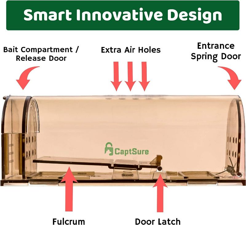 Photo 2 of CaptSure 2-Pack Humane Mouse Traps Indoor for Home - Small Live Mouse Trap Catch and Release, Mice Traps for House Indoor & Outdoor - Reusable Catcher & No Kill Traps for Rodent/Voles/Hamsters/Moles
