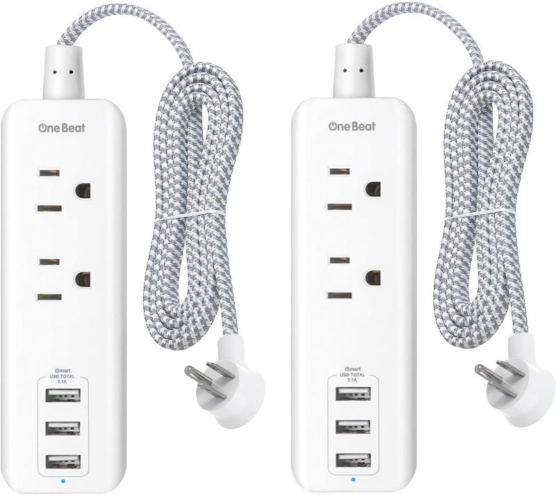 Photo 1 of 2 Pack Power Strip with USB, 2 Outlets and 3 USB Ports(3.1A) Travel Power Strip, Desktop Charging Station with 5 ft Braided Extension Cord, Flat Plug for Cruise, Home and Office, White, ETL Listed
