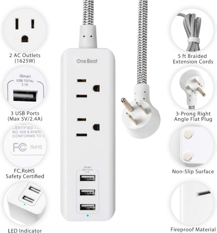 Photo 2 of 2 Pack Power Strip with USB, 2 Outlets and 3 USB Ports(3.1A) Travel Power Strip, Desktop Charging Station with 5 ft Braided Extension Cord, Flat Plug for Cruise, Home and Office, White, ETL Listed
