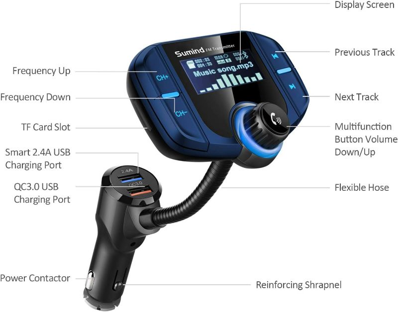 Photo 2 of (Upgraded Version) Sumind Car Bluetooth FM Transmitter, Wireless Radio Adapter Hands-Free Kit with 1.7 Inch Display, QC3.0 and Smart 2.4A USB Ports, AUX Output, TF Card Mp3 Player(Blue)
