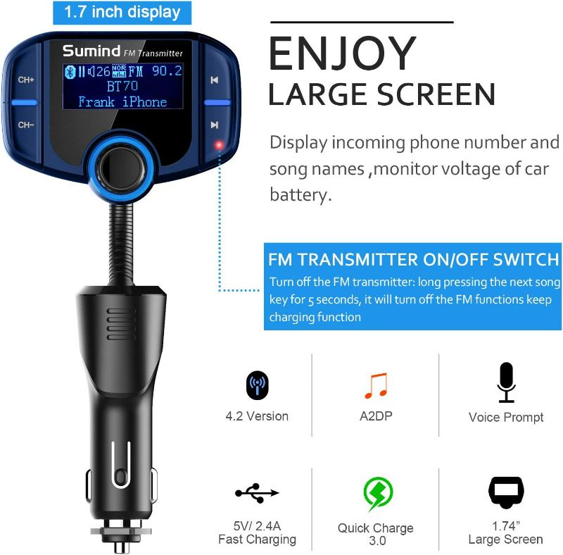 Photo 3 of (Upgraded Version) Sumind Car Bluetooth FM Transmitter, Wireless Radio Adapter Hands-Free Kit with 1.7 Inch Display, QC3.0 and Smart 2.4A USB Ports, AUX Output, TF Card Mp3 Player(Blue)
