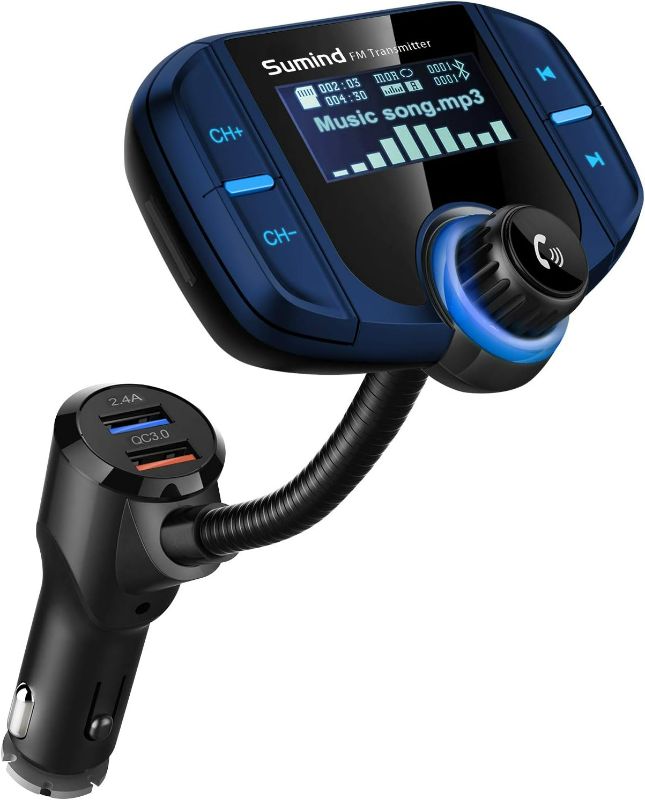 Photo 1 of (Upgraded Version) Sumind Car Bluetooth FM Transmitter, Wireless Radio Adapter Hands-Free Kit with 1.7 Inch Display, QC3.0 and Smart 2.4A USB Ports, AUX Output, TF Card Mp3 Player(Blue)
