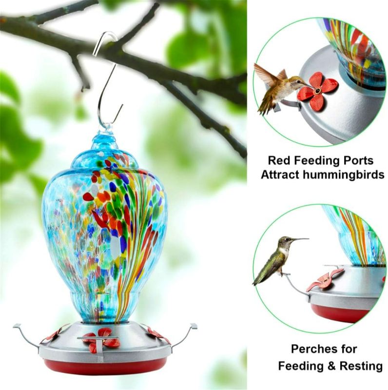 Photo 2 of WOSIBO Hummingbird Feeder for Outdoors Patio Large 32 Ounces Colorful Hand Blown Glass Hummingbird Feeder with Ant Moat Hanging Hook, Rope, Brush and Service Card (Blue-Firework)
