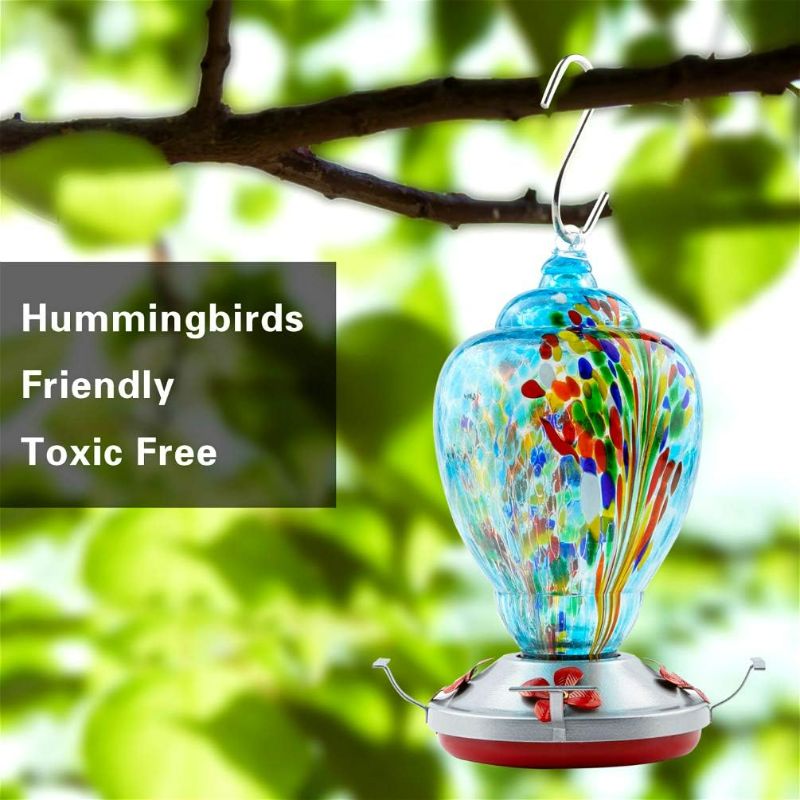 Photo 3 of WOSIBO Hummingbird Feeder for Outdoors Patio Large 32 Ounces Colorful Hand Blown Glass Hummingbird Feeder with Ant Moat Hanging Hook, Rope, Brush and Service Card (Blue-Firework)
