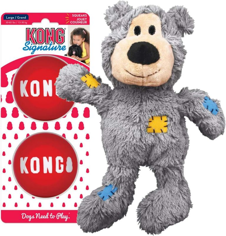 Photo 1 of KONG Wild Knots Bear & Signature Balls 2 Pack - Dog Chew Toy for Aggressive Chewers - Dog Ball to Aid Boredom - Plush Toy & Squeak Balls for Snuggling & Fetch/Retrieve - Small Dogs
