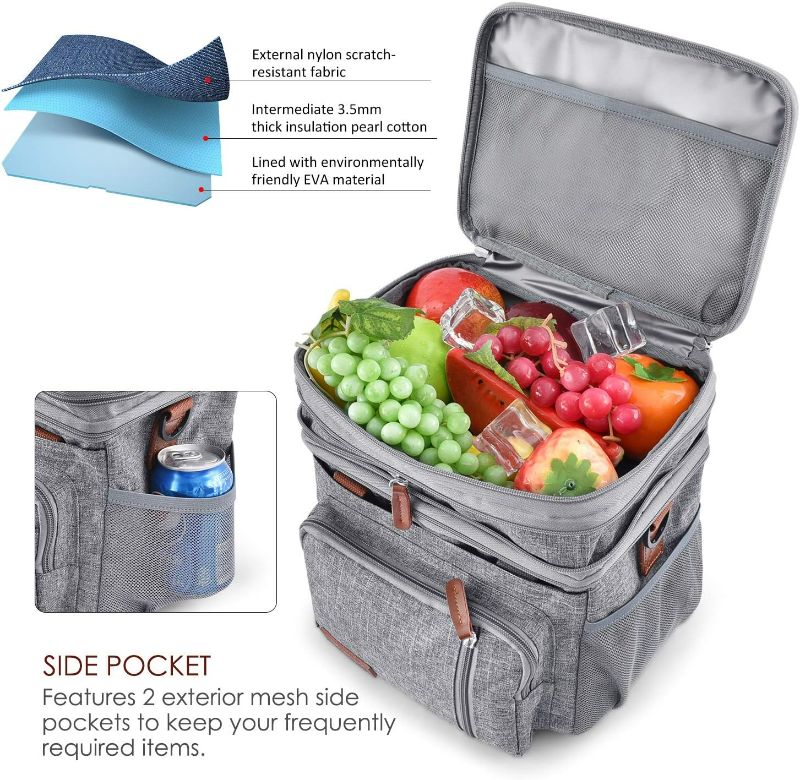 Photo 2 of MIYCOO Lunch Bag for Women Men Double Deck Lunch Box - Leakproof Insulated Soft Large Adult Lunch Cooler Bag for Work, (Grey,15L)
