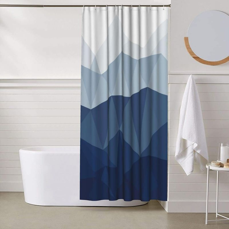 Photo 2 of Navy Blue Fabric Shower Curtain for Bathroom with 12 Hooks, Ombre Geometric Bath Shower Curtain Set for Hotel Home Men Women