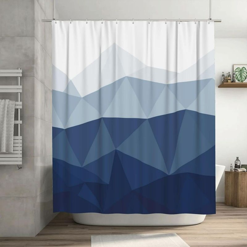 Photo 1 of Navy Blue Fabric Shower Curtain for Bathroom with 12 Hooks, Ombre Geometric Bath Shower Curtain Set for Hotel Home Men Women