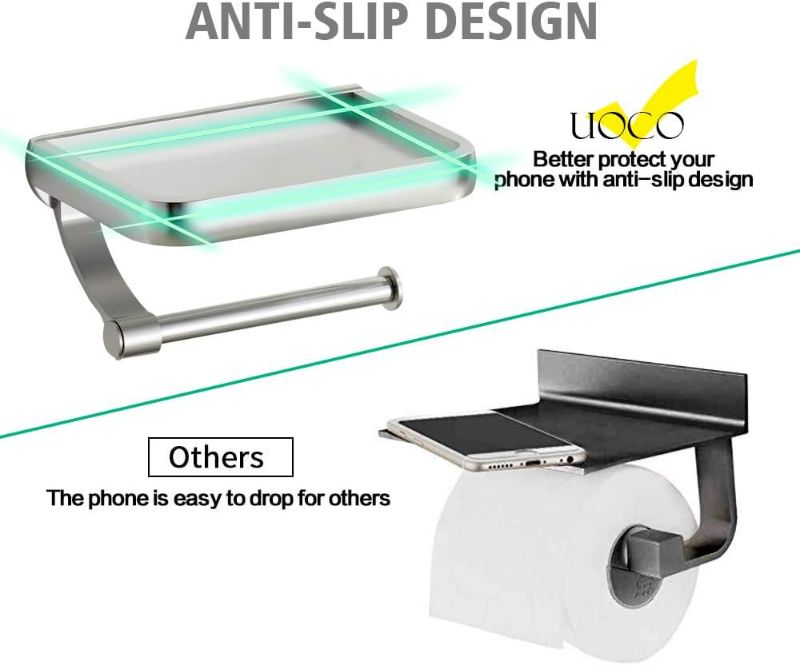 Photo 2 of Toilet Paper Holder with Shelf, Anti-Rust Aluminum Toilet Roll Holder with Phone Shelf for All Mobile Phone, Wall Mounted Bathroom Tissue Holder for Smartphone and Flushable Baby Wipes (Silver)
