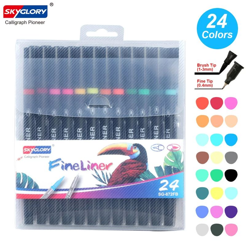 Photo 1 of SKYGLORY 24 Colors Dual Tip Brush Pens ,Art Markers Water Based Ink Color Pens Supplies with 0.4mm Fineliner & Fiber Brush Tip
