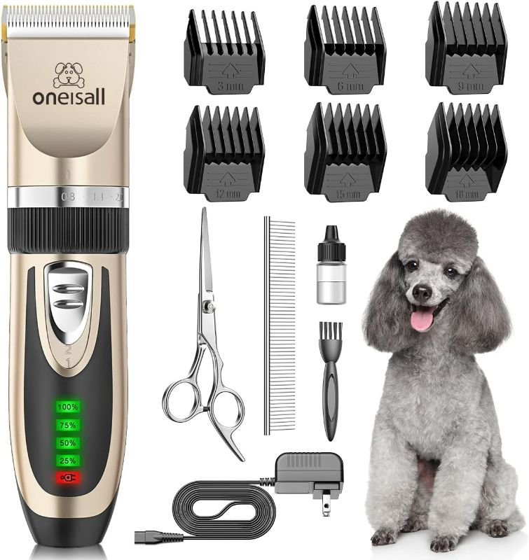 Photo 1 of oneisall Dog Clippers Low Noise, 2-Speed Quiet Dog Grooming Kit Rechargeable Cordless Pet Hair Clipper Trimmer Shaver for Small and Large Dogs Cats Animals (Gold)
