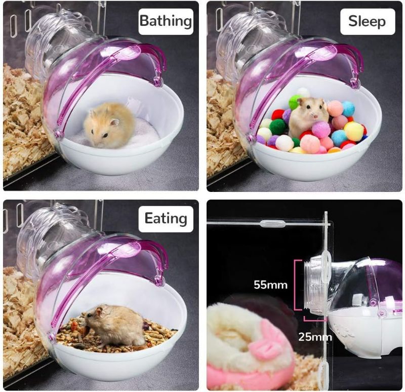 Photo 1 of CHUQIANTONG Small Animal Bath House,Pet Toy Acrylic Hamster Bathroom Cage Toilet Bathtub Sand Bath Container Removable, Suitable for Chinchilla Syrian Hamster Gerbil (Pink)
