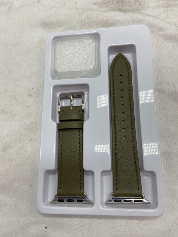 Photo 1 of Bestig Band Compatible for Apple Watch 38mm 40mm 41mm, Genuine Leather Replacement Strap for iWatch Series 8 7 6 SE 5 4 3 2 1, Sports & Edition Olive Green + Silver