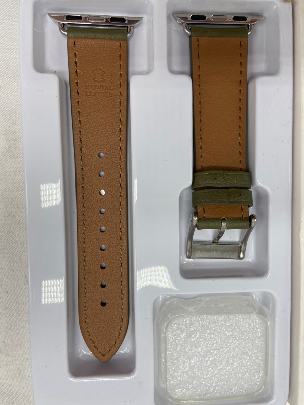 Photo 2 of Bestig Band Compatible for Apple Watch 38mm 40mm 41mm, Genuine Leather Replacement Strap for iWatch Series 8 7 6 SE 5 4 3 2 1, Sports & Edition Olive Green + Silver