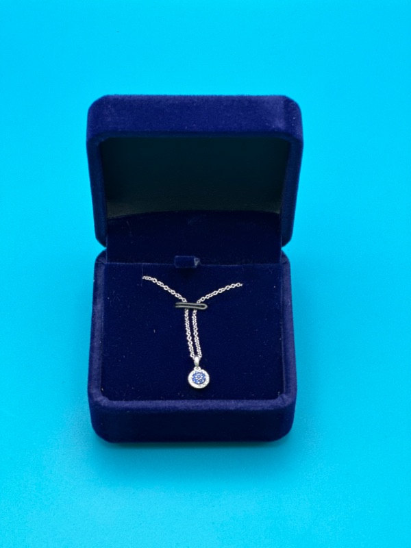 Photo 1 of 14K White Gold Pendant Necklace With 1/20 Carat Diamond And 1/10 Carat Sapphire Stone 