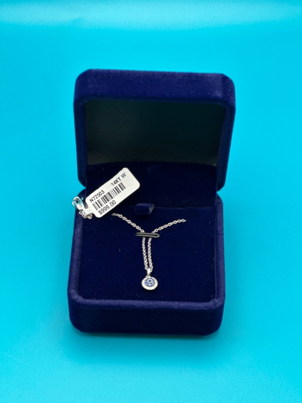 Photo 4 of 14K White Gold Pendant Necklace With 1/20 Carat Diamond And 1/10 Carat Sapphire Stone 