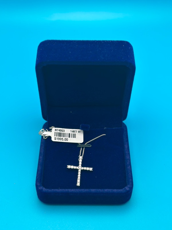 Photo 4 of 14K White Gold Cross Pendant Necklace With 1/2 Carat Diamond 
