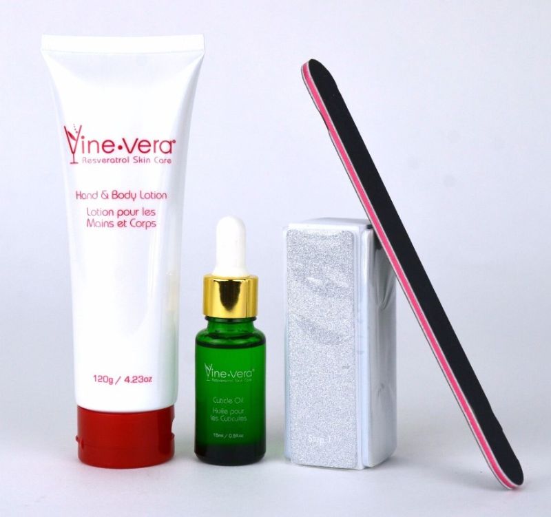 Photo 1 of Resveratrol Skincare Manicure Set Red Wine Benefits Nourishing Grapes Reduce Dryness Salon Quality Results Includes Hand and Body Lotion Nail Buffer Nail File and Cuticle Oil New 