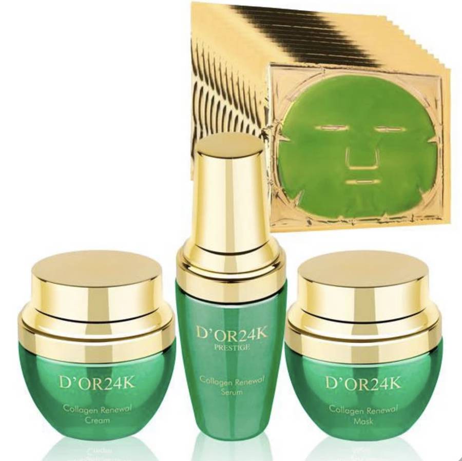 Photo 1 of Collagen Renewal Collection Includes 12 Face Masks 1 Collagen Serum 1 Collagen Mask and 1 Collagen Cream 24k Gold Infused Reduce Pore Sizes Diminish Fine Lines and Wrinkles Provides Elasticity Complete Set to Delay Signs of Aging Use in Rotation New $9950