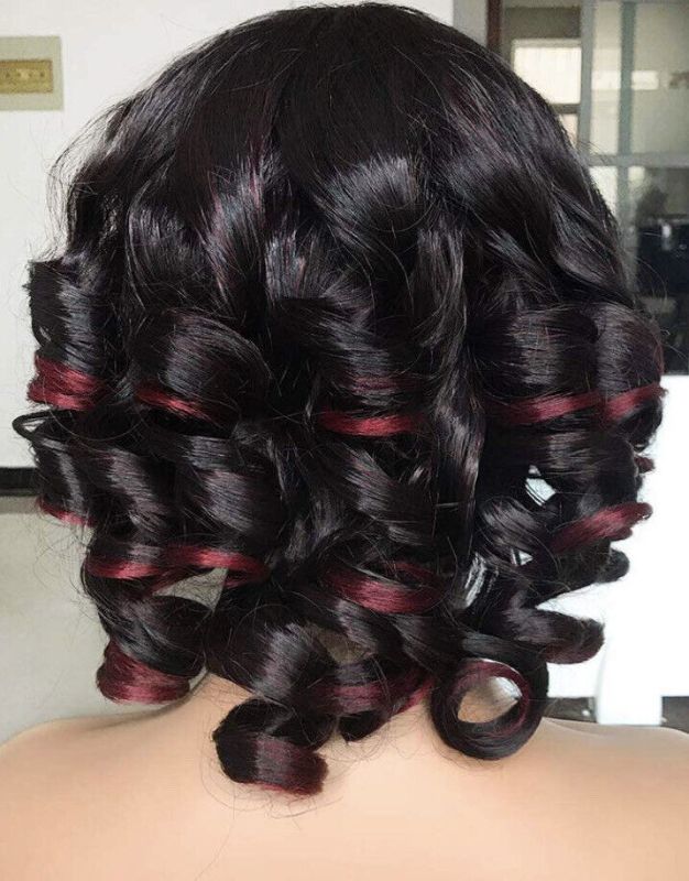 Photo 4 of ANNIVIA Short Curly Wig Bangs Big Bouncy Fluffy Curly Black Ombre Red with Gold Hoops & Wig Cap