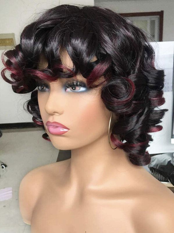 Photo 2 of ANNIVIA Short Curly Wig Bangs Big Bouncy Fluffy Curly Black Ombre Red with Gold Hoops & Wig Cap