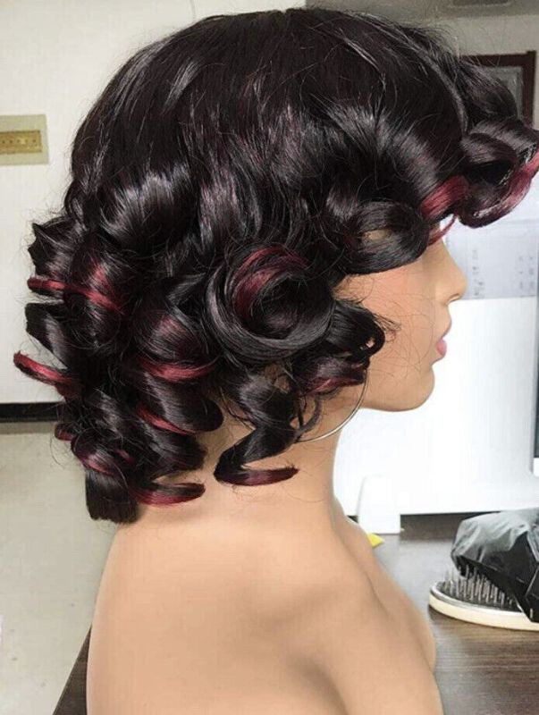 Photo 3 of ANNIVIA Short Curly Wig Bangs Big Bouncy Fluffy Curly Black Ombre Red with Gold Hoops & Wig Cap