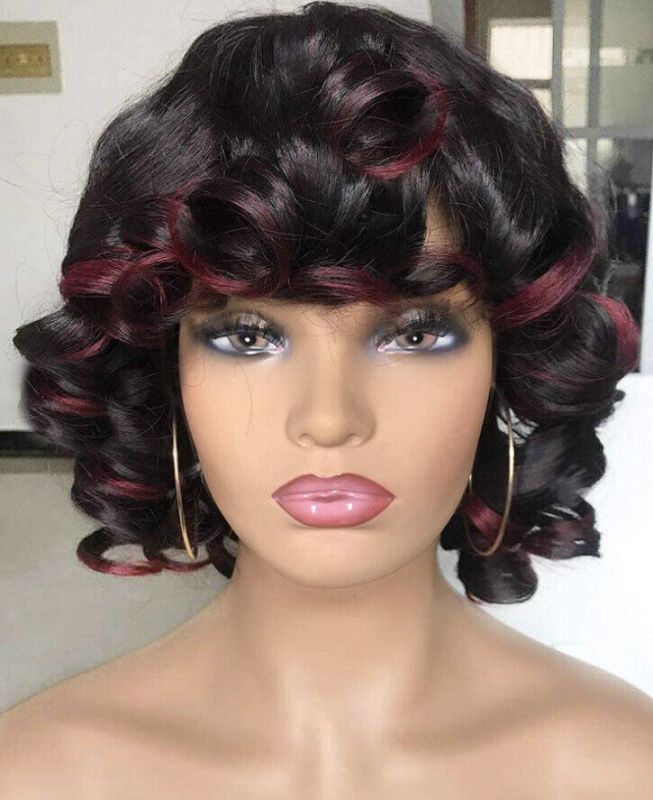 Photo 1 of ANNIVIA Short Curly Wig Bangs Big Bouncy Fluffy Curly Black Ombre Red with Gold Hoops & Wig Cap