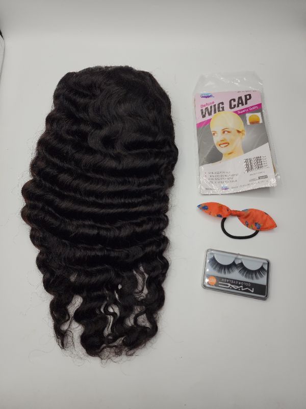 Photo 1 of 16 Inch Deep Wave Human Hair Wigs 100% Human Hair 23*4, with Lashes, Wig Cap, and Hair Tie