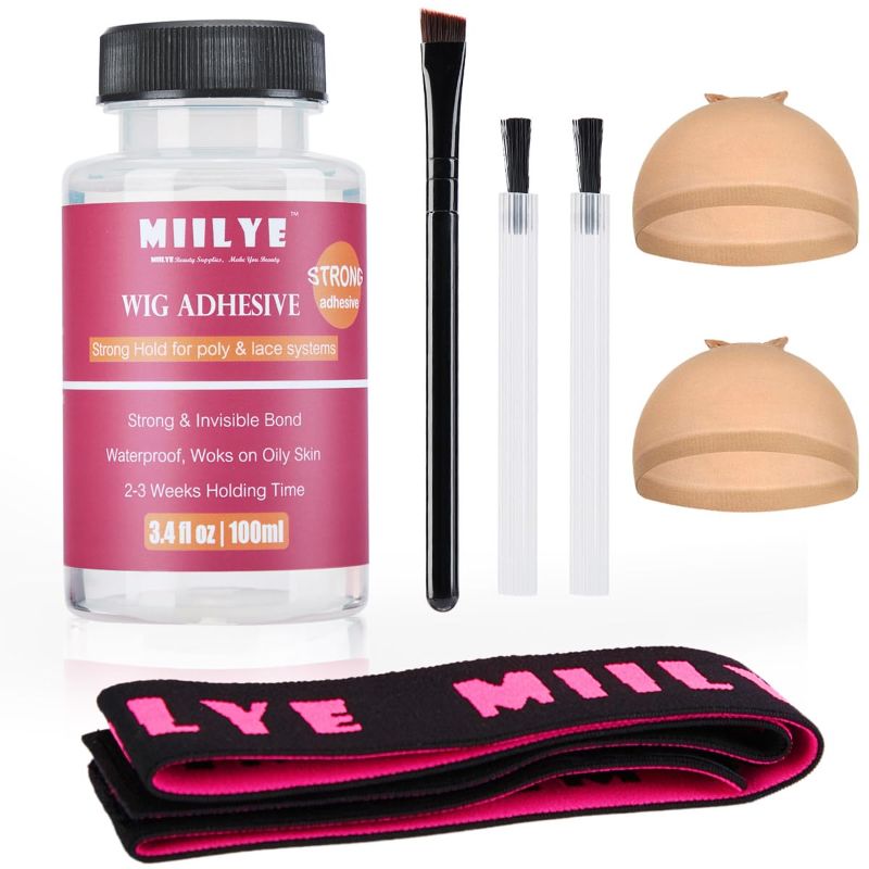 Photo 1 of MIILYE Clear Wig Glue Pack, 100ml/ 3.4OZ Waterproof| Invisible Toupee Hair Bonding Glue, Strong Hold Acrylic Adhesive for Front Lace Wig, Pack of Lace Glue with Lace Melting Band, Brush and Wig Caps