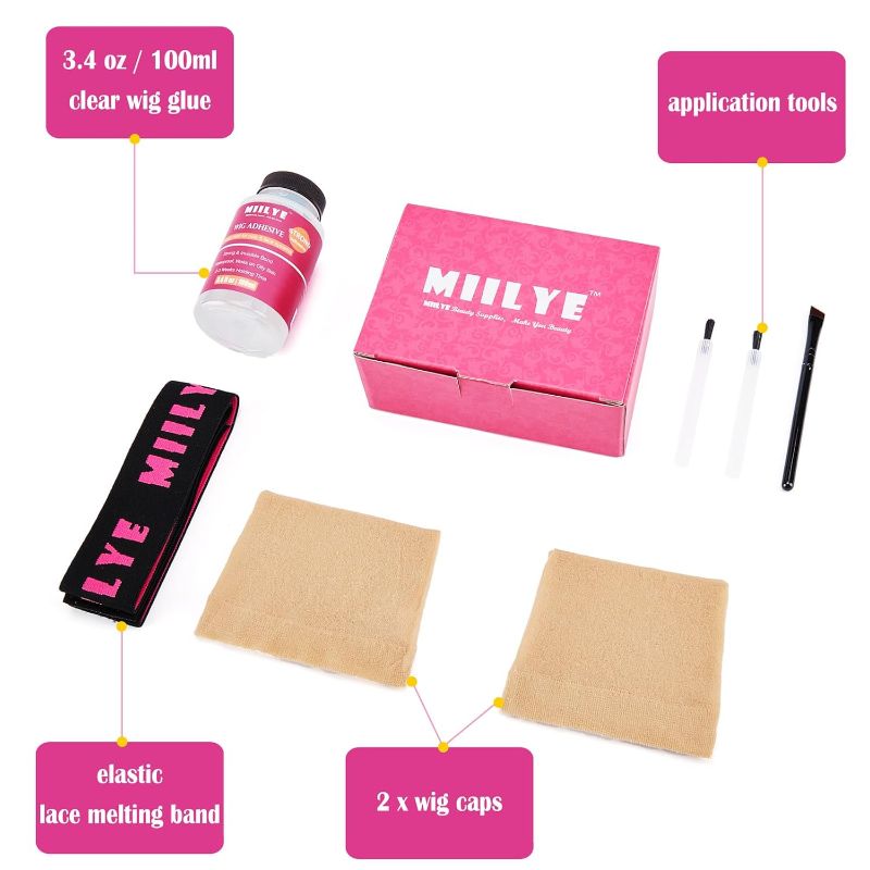 Photo 2 of MIILYE Clear Wig Glue Pack, 100ml/ 3.4OZ Waterproof| Invisible Toupee Hair Bonding Glue, Strong Hold Acrylic Adhesive for Front Lace Wig, Pack of Lace Glue with Lace Melting Band, Brush and Wig Caps