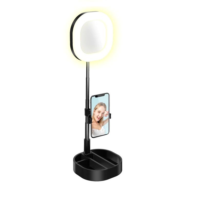 Photo 1 of Mirror Selfie Ring Light With Phone Holder and Storage 3 Lighting Modes USB Powered Extends Up To 22.5 Inches Foldable for Travel New