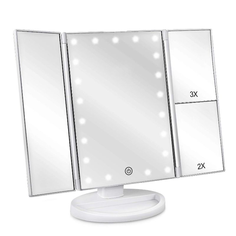 Photo 1 of deweisn Tri-Fold Lighted Vanity Mirror with 21 LED Lights, Touch Screen and 3X/2X/1X Magnification, Two Power Supply Modes Make Up Mirror,Travel Mirror