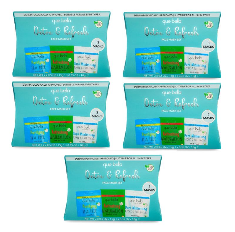 Photo 1 of Que Bella Holiday Detox & Refresh Pamper Pouch Pore Minimizing Face Mask 5 Pack 3 Masks Per Pack 15 Total