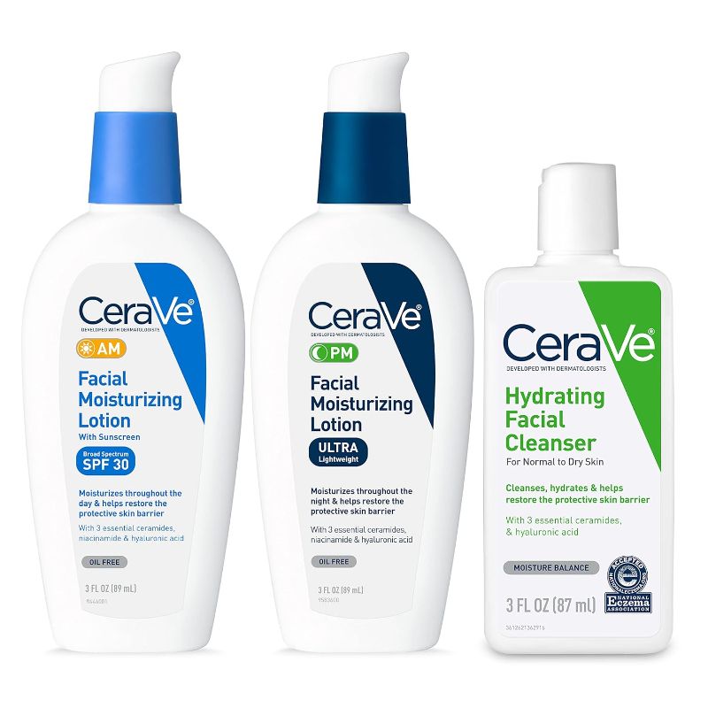 Photo 1 of CeraVe AM Face Moisturizer with SPF, PM Face Moisturizer & Hydrating Face Wash Skin Care Routine for Morning & Night | Travel Size Toiletries | 3oz Lotion + 3oz Lotion + 3oz Cleanser