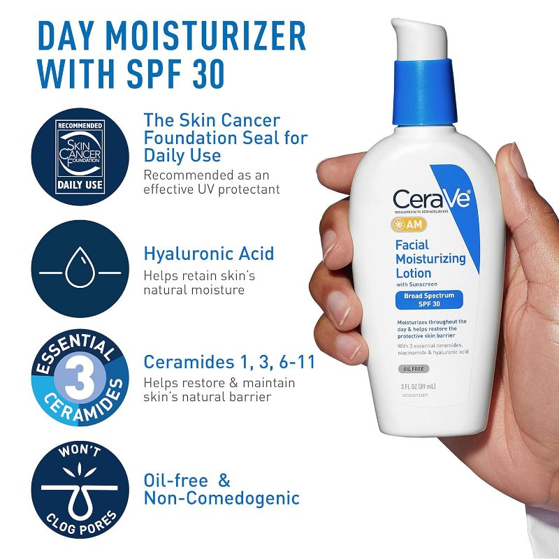 Photo 4 of CeraVe AM Face Moisturizer with SPF, PM Face Moisturizer & Hydrating Face Wash Skin Care Routine for Morning & Night | Travel Size Toiletries | 3oz Lotion + 3oz Lotion + 3oz Cleanser