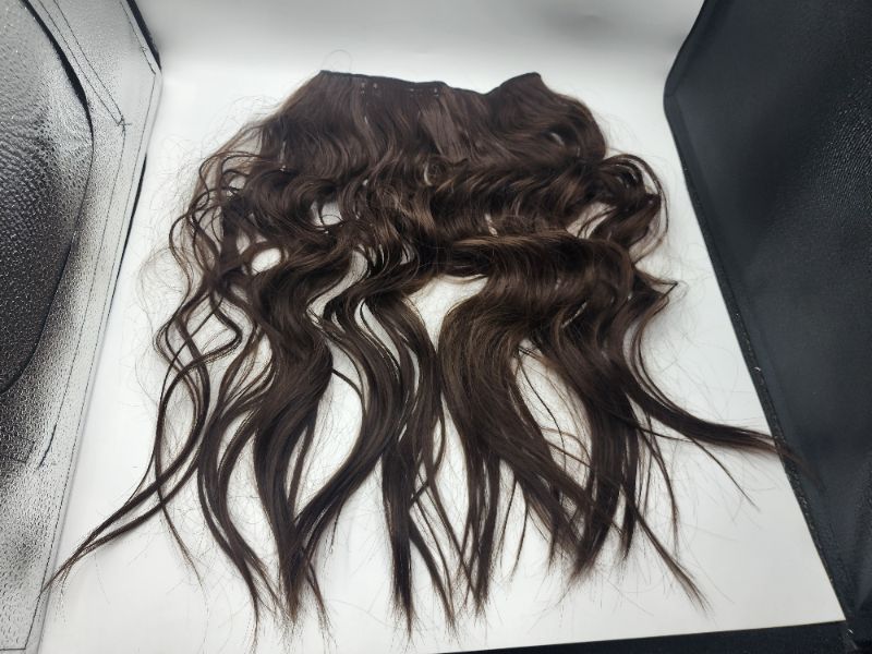 Photo 3 of Invisible Wire Hair Extensions 20 Inch with Transparent Wire Long Wavy Medium Brown Hair Extensions 4 Clips in Hair Extension