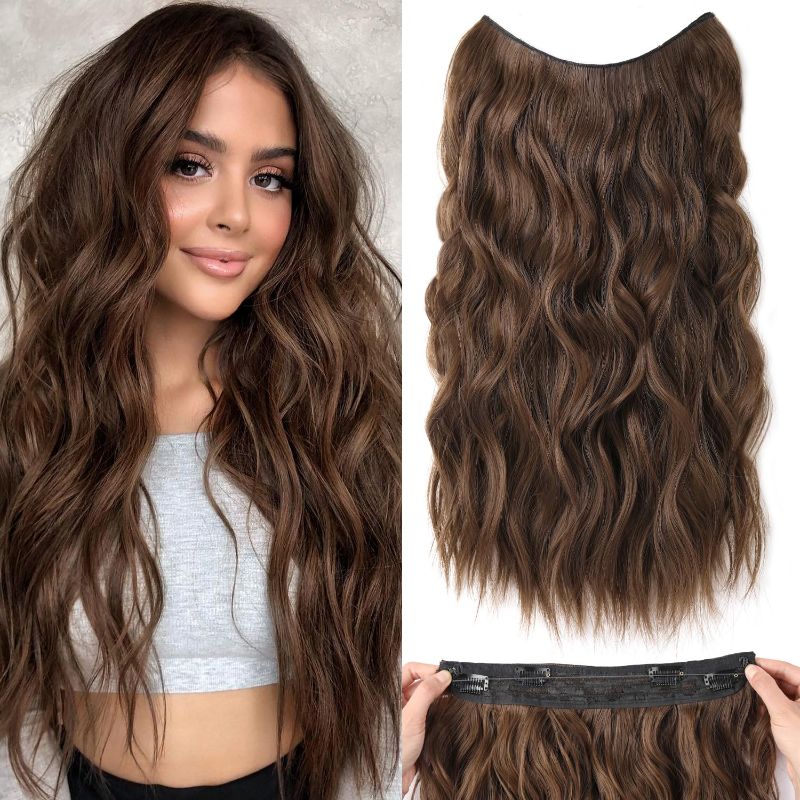 Photo 1 of Invisible Wire Hair Extensions 20 Inch with Transparent Wire Long Wavy Medium Brown Hair Extensions 4 Clips in Hair Extension