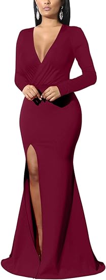 Photo 1 of (M/L) GOBLES Women's Sexy Long Sleeve V Neck Wrap Side Split Bodycon Cocktail Party Maxi Dress