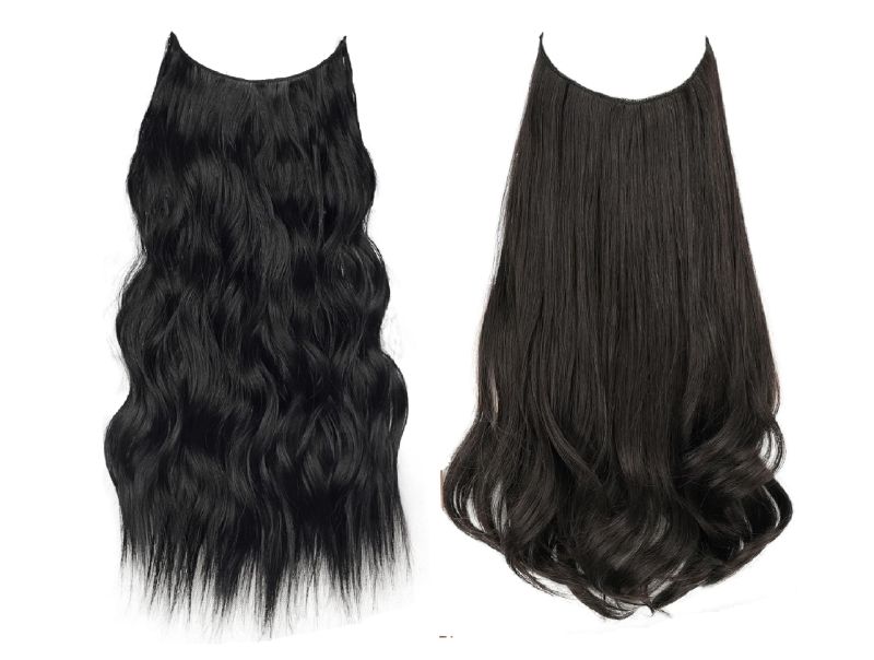 Photo 1 of 2 Pack Black KooKaStyle Invisible Wire Hair Extensions with Transparent Headband 1 Wavy 1 Straight 20 Inch Each  