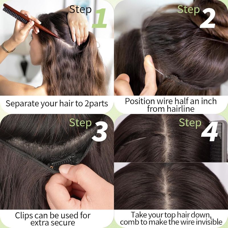 Photo 1 of 2 Pack Black KooKaStyle Invisible Wire Hair Extensions with Transparent Headband 1 Wavy 1 Straight 20 Inch Each  