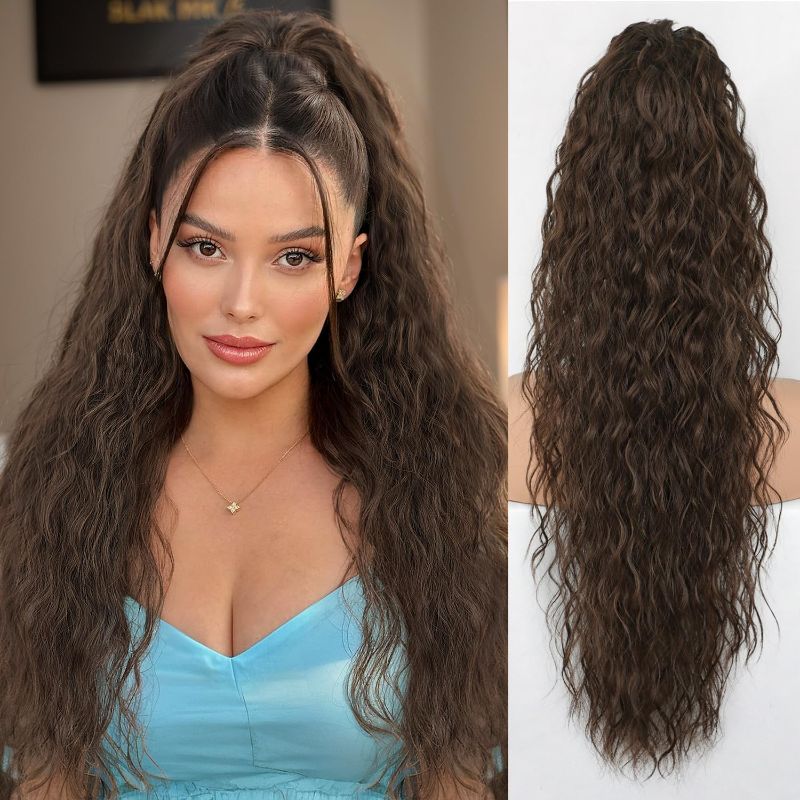 Photo 1 of  Brown Ponytail Extension Claw 30" Curly Pony Tail Clip in Claw Hair Extensions Fluffy Natural Looking Synthetic Hairpiece for Women
