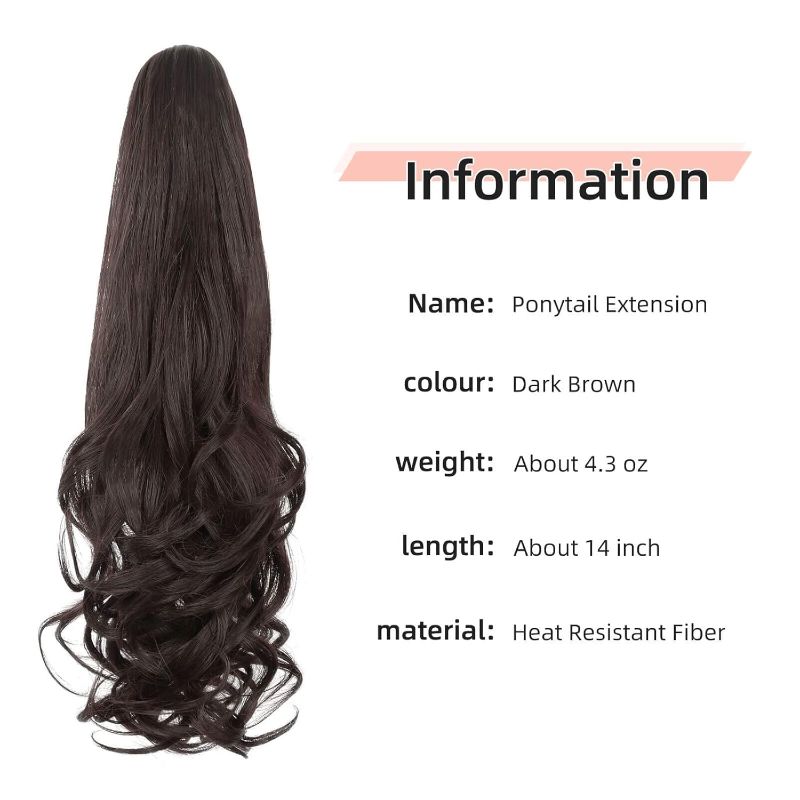 Photo 1 of Ponytail Extension,Black Hair Extension Ponytail 22" Long Claw Hair Extension Synthetic Curly Wavy Ponytail Clip in Ponytail Wig Daily Fluffy Pony Tail for Women,4.8 OZ,Darkest Brown